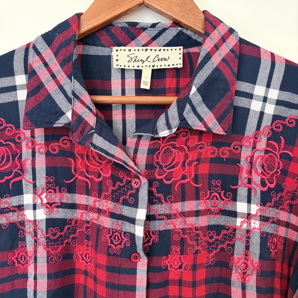 Sheryl Crow Plaid Shirt L Western Core Fringe Hem Embroidered Boho Festival - Picture 3 of 9